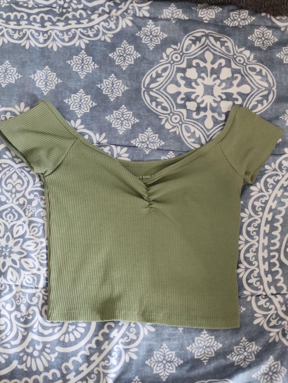 American Eagle Medium Olive Green Ribbed V-Neck Crop Top